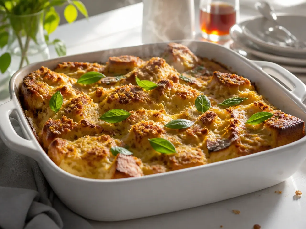 Spoon lifting a creamy custard-rich sourdough French toast casserole portion