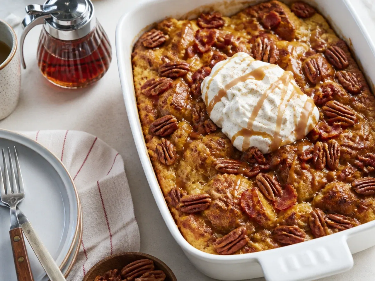 Loaded caramel pecan bacon sourdough French toast casserole with caramel drizzle