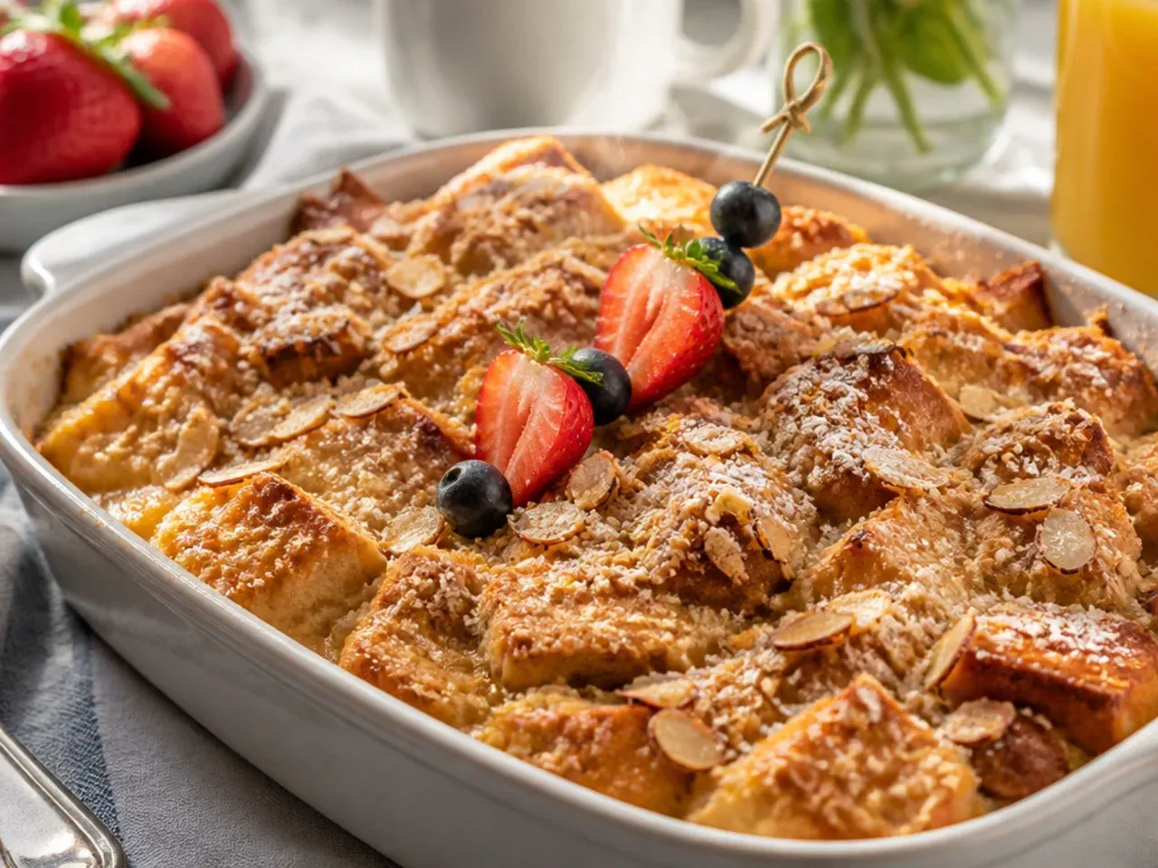 Sourdough French toast casserole with golden crumbly streusel topping