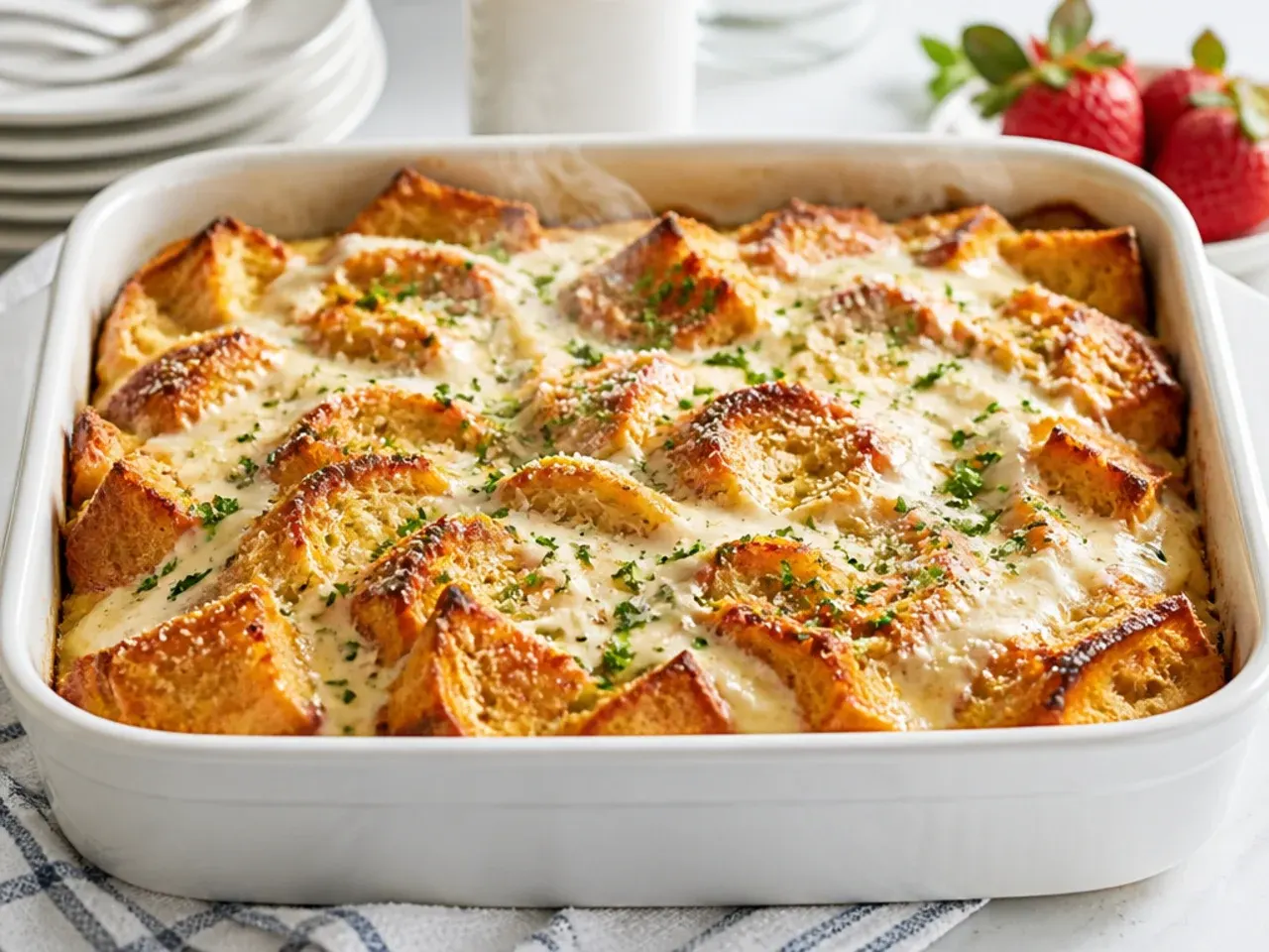 Cross-section of sourdough French toast casserole showing melted cream cheese pockets