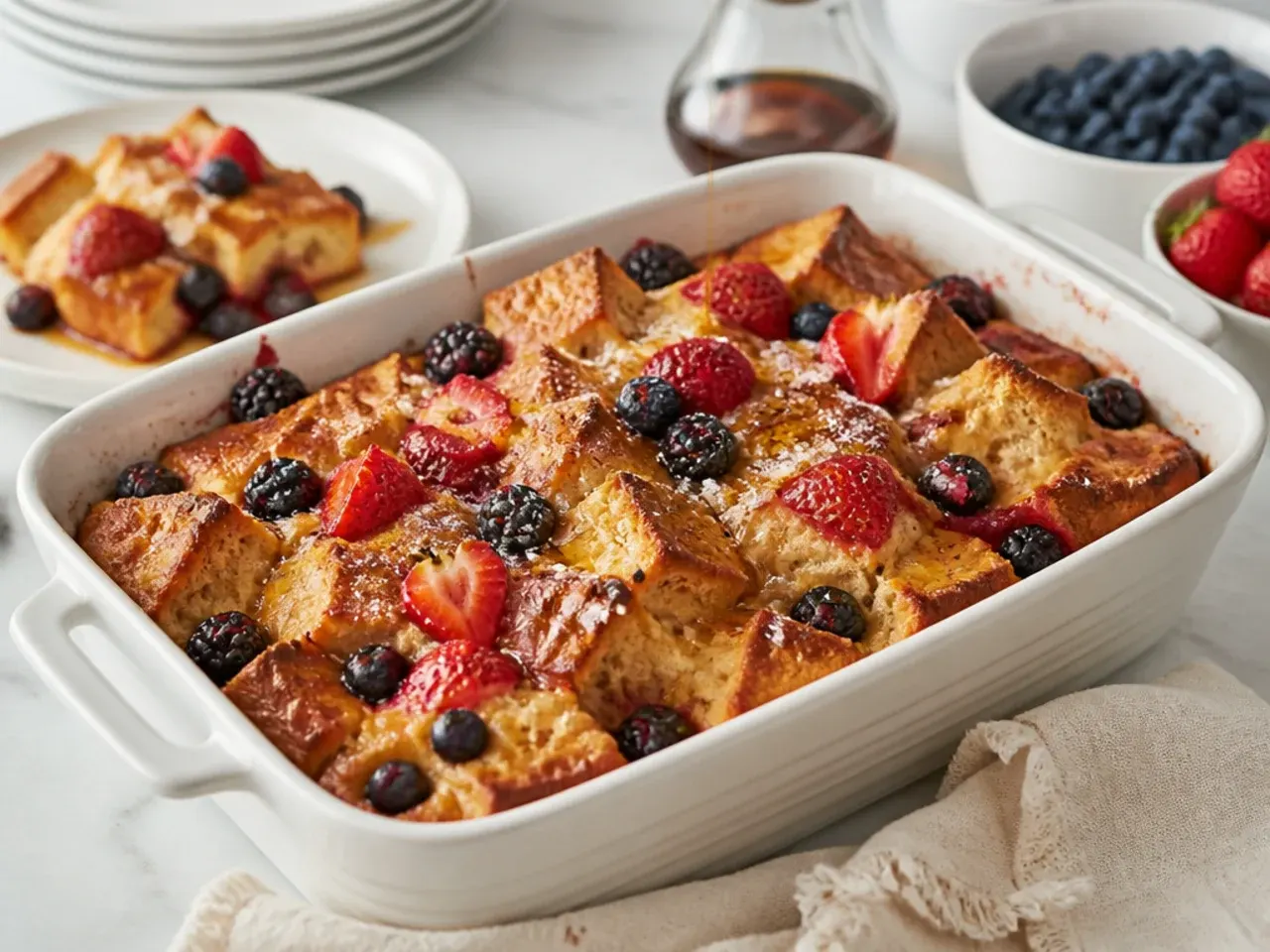 Mixed berry sourdough French toast casserole fresh out of the oven