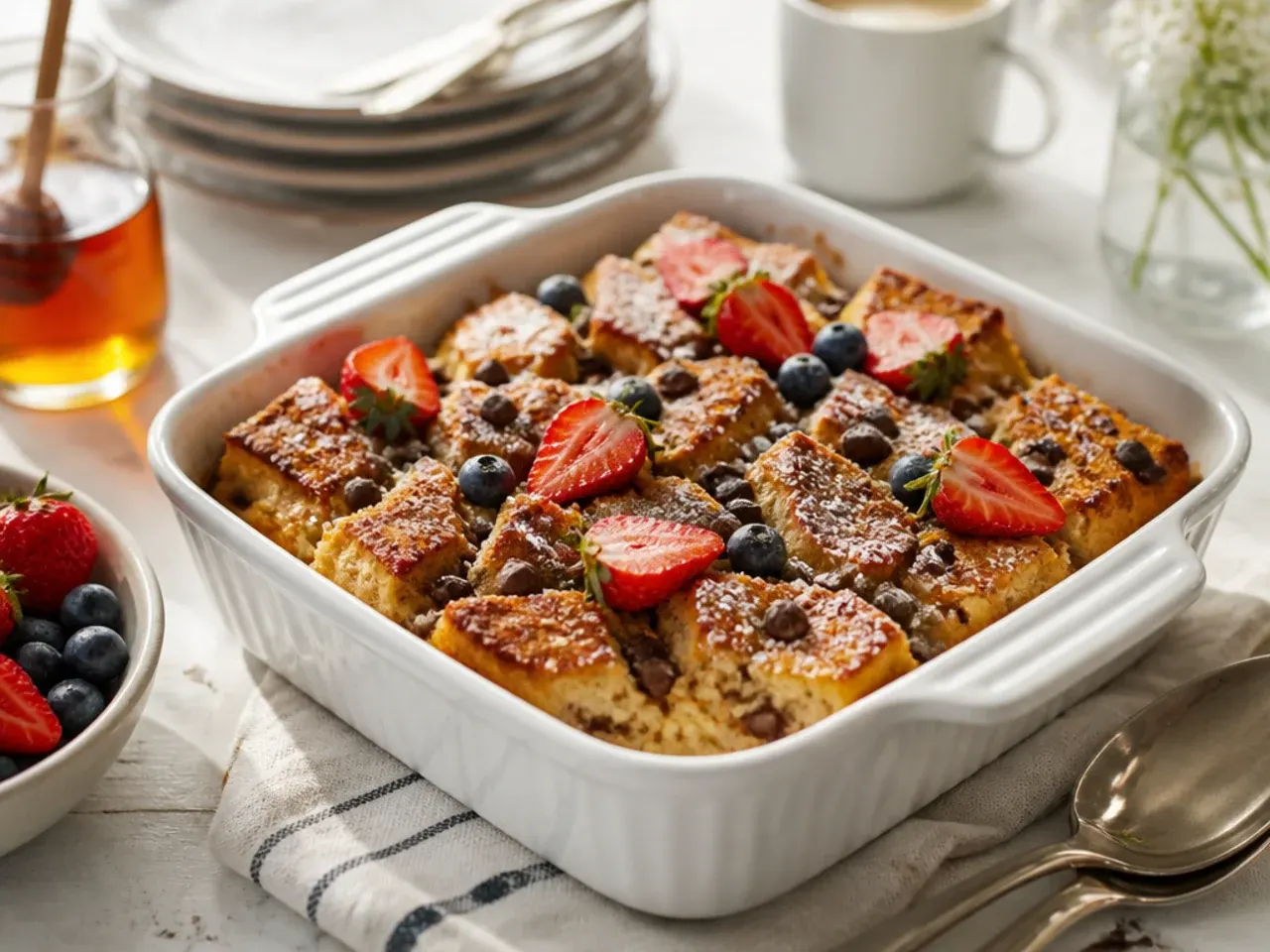 Family-style sourdough French toast casserole studded with melted chocolate chips