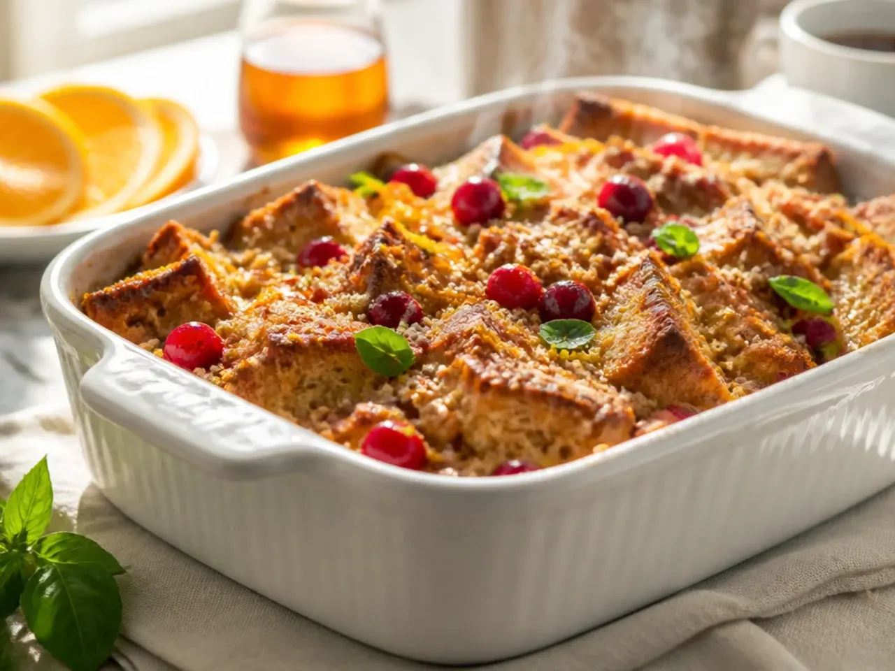 Festive cranberry orange sourdough French toast casserole with orange glaze