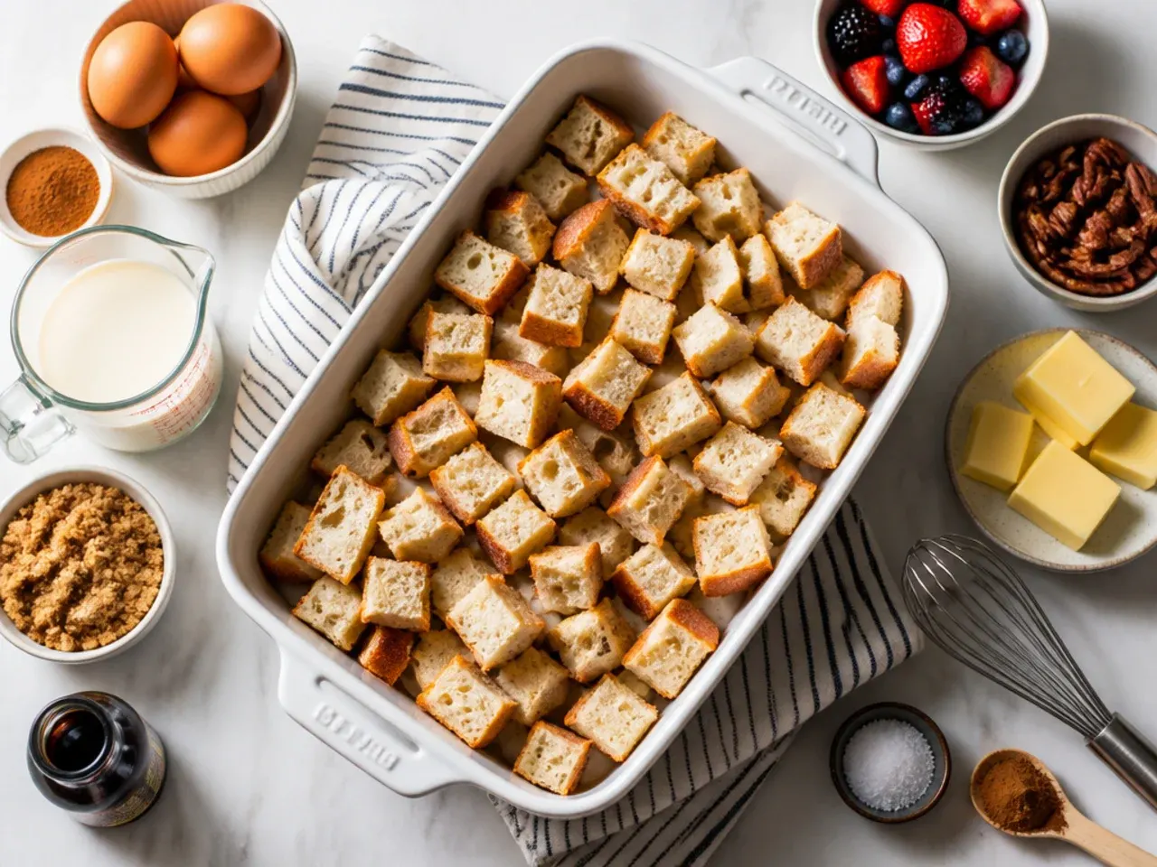 Hand pressing sourdough cubes into custard in a baking dish before baking