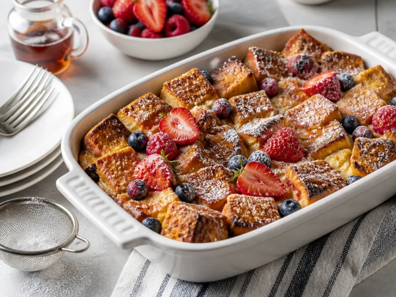 Plated slice of sourdough French toast casserole with maple syrup and fresh berries