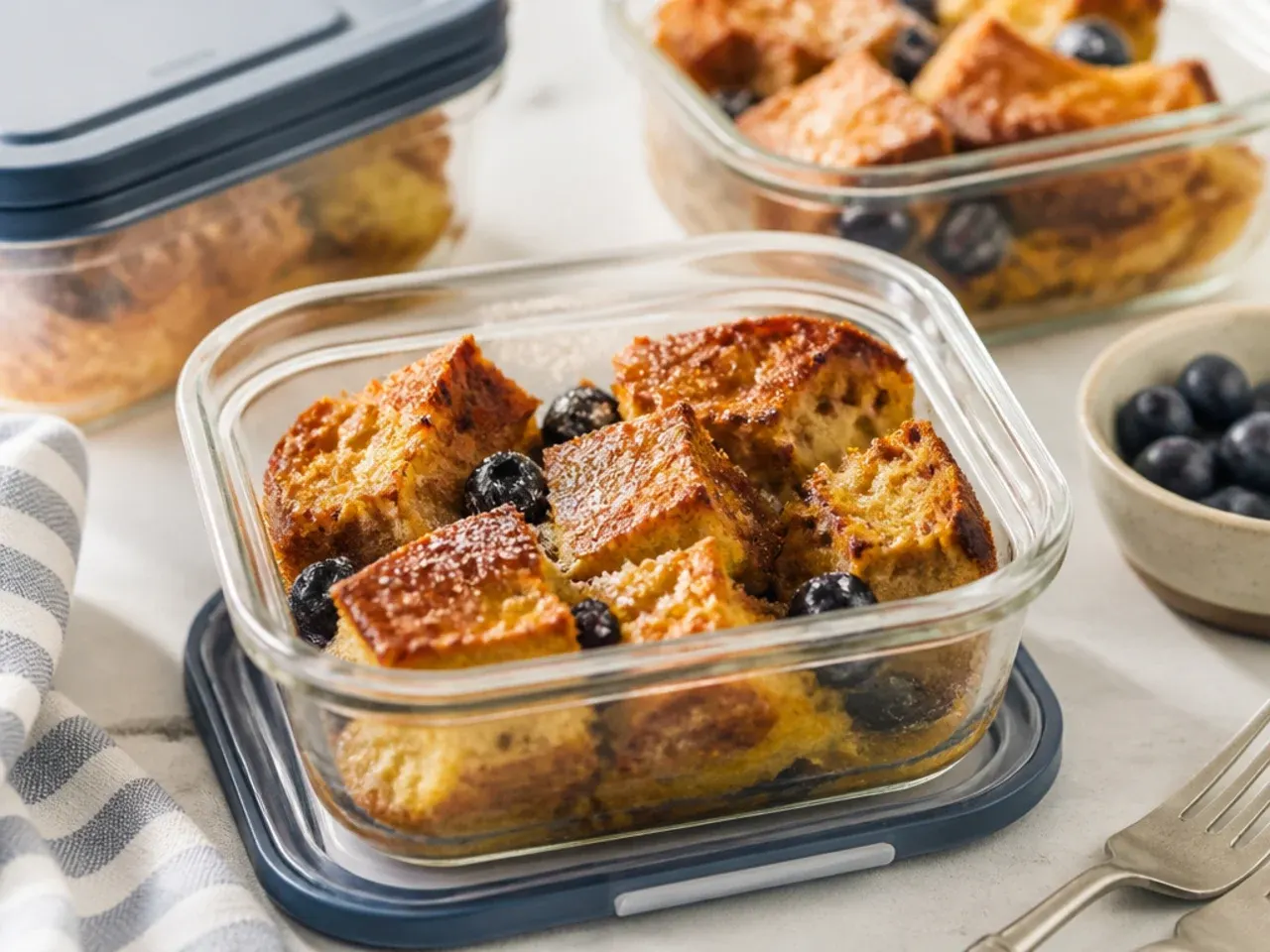 Leftover sourdough French toast casserole portions stored in a container