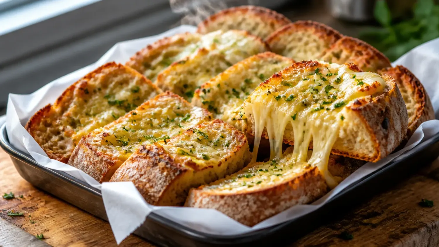 Overhead shot of sliced sourdough garlic bread on a wooden board, golden and oozing with garlic butter and melted parmesan.