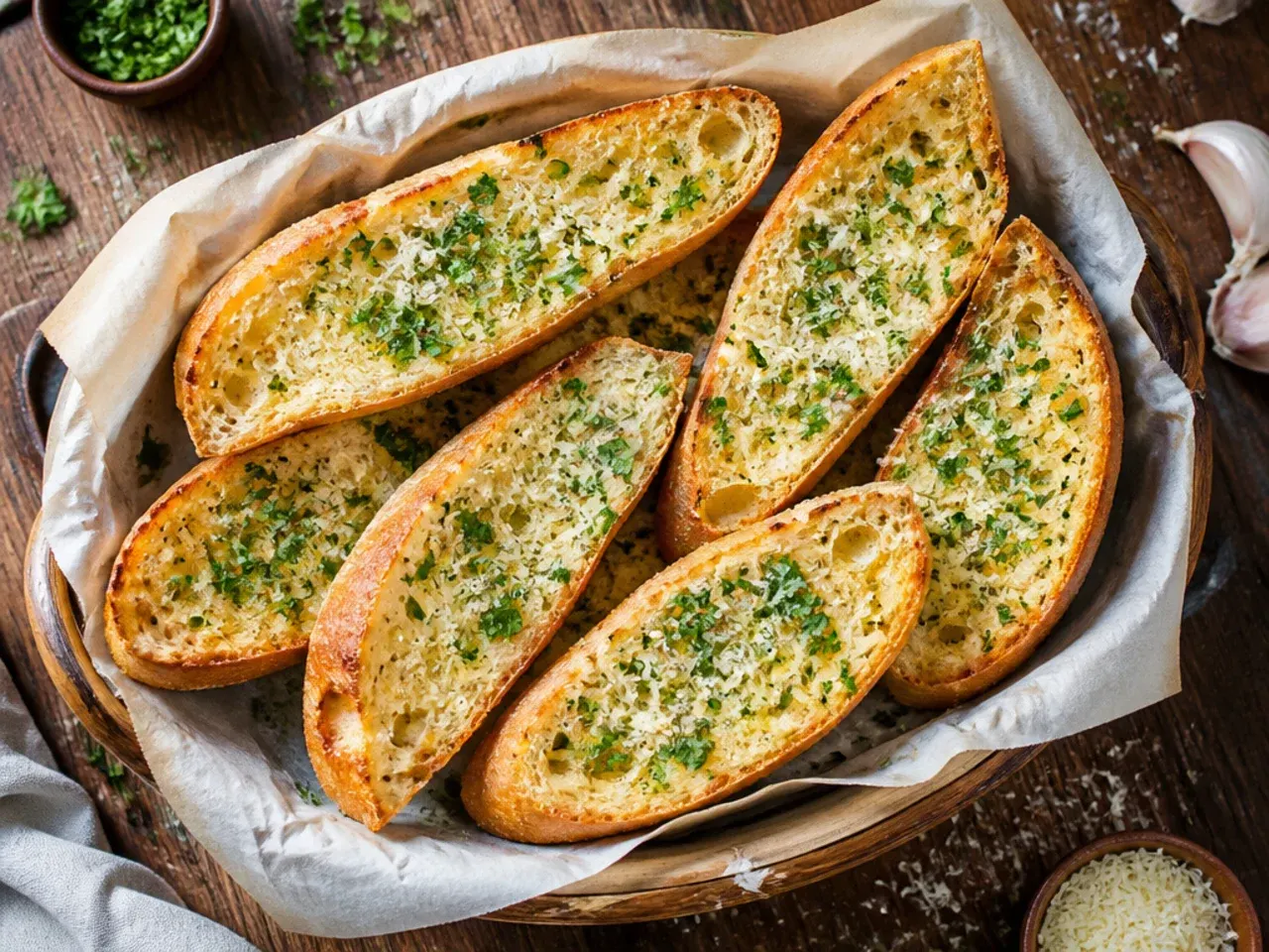 Foil-wrapped sourdough garlic bread loaf being prepared for the freezer, next to a bowl of garlic herb butter.