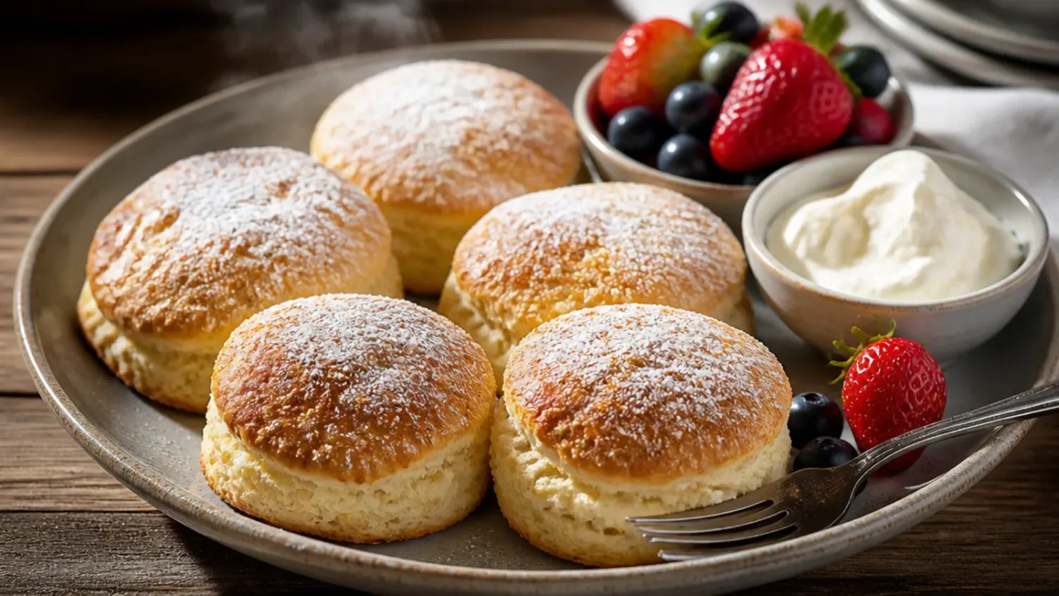 A batch of golden-brown sourdough scones split open and topped with jam and clotted cream, cooling on a wire rack.