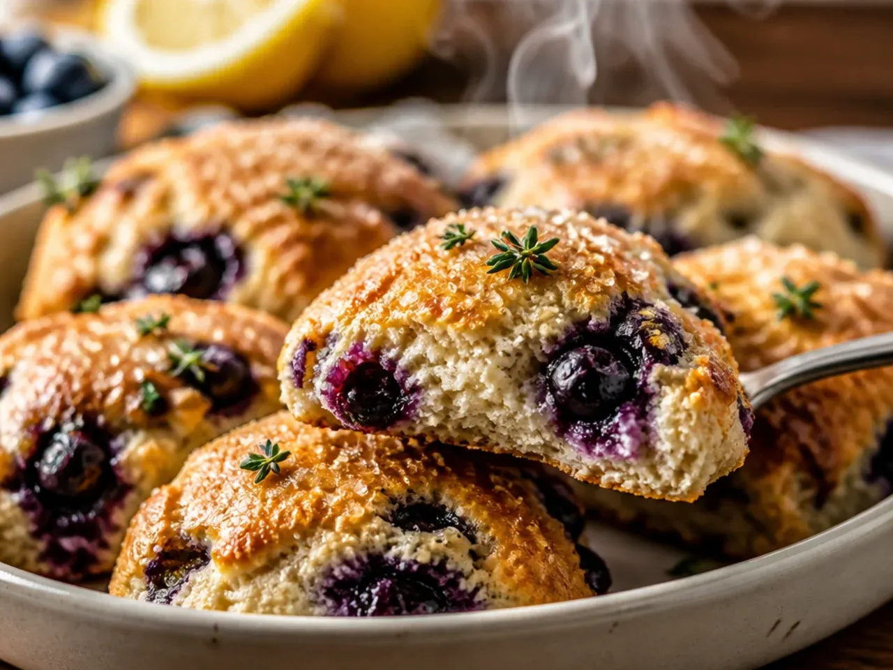 Lemon and blueberry sourdough scones drizzled with white glaze on a wire cooling rack