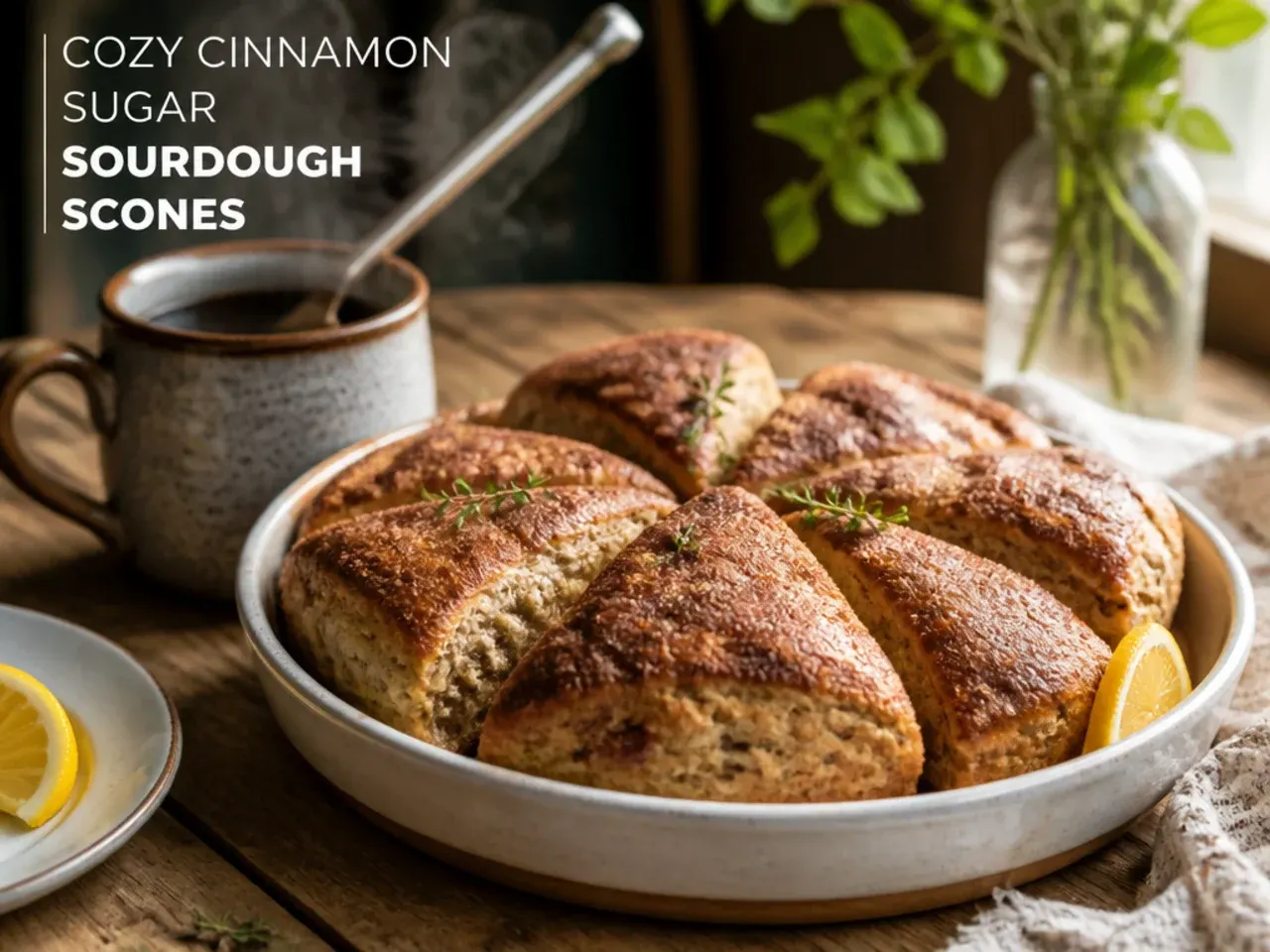 Cinnamon sugar sourdough scones stacked with a light icing glaze dripping down the sides