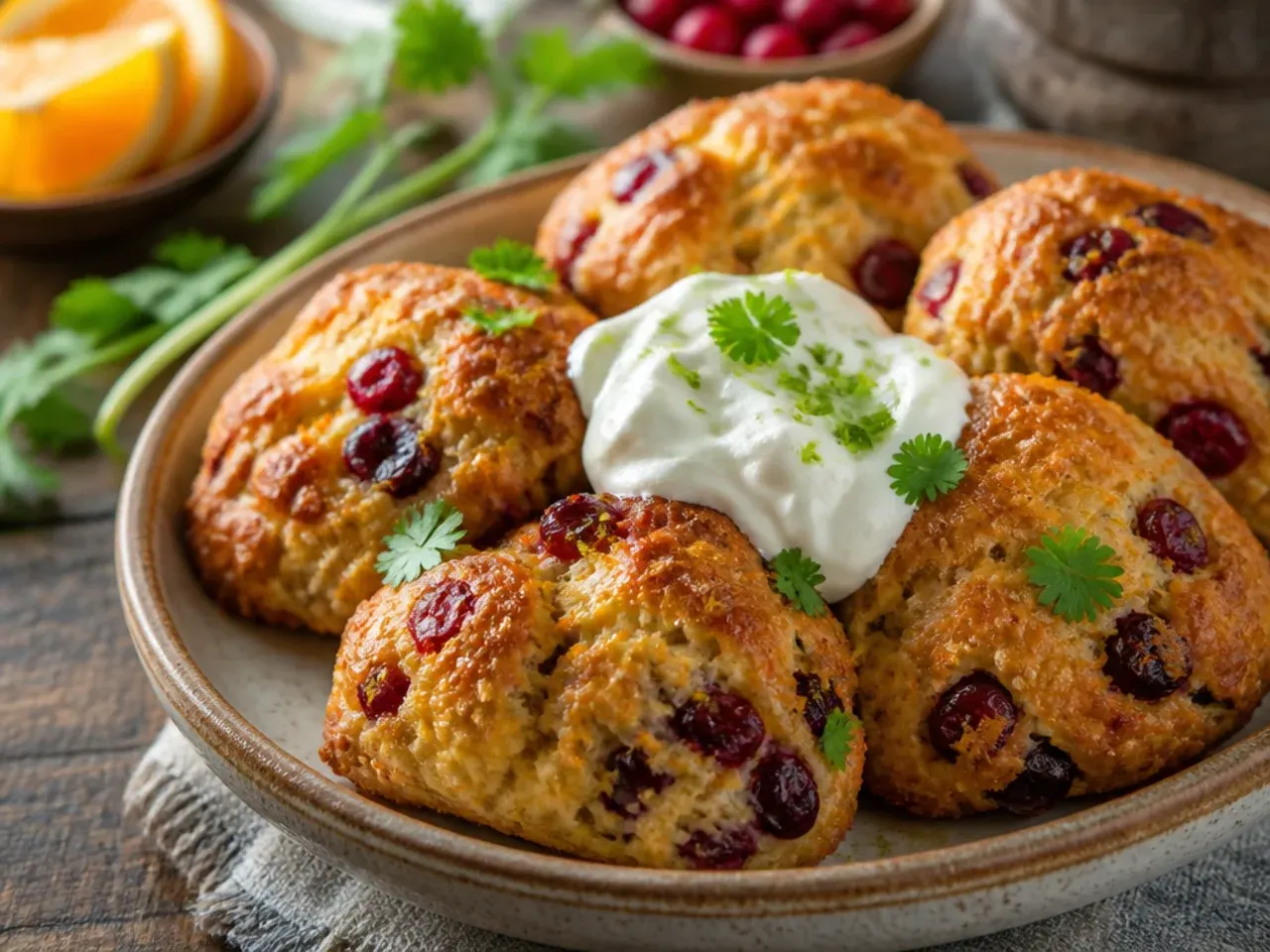 Orange and cranberry sourdough scones with a thin orange glaze, dried cranberries visible in the crumb