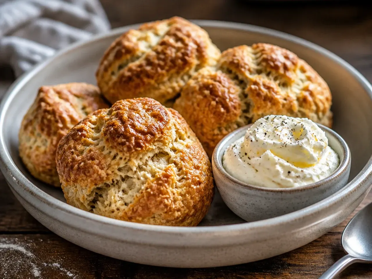 Rustic wholemeal sourdough scones with a nutty brown crumb, split open on a wooden board