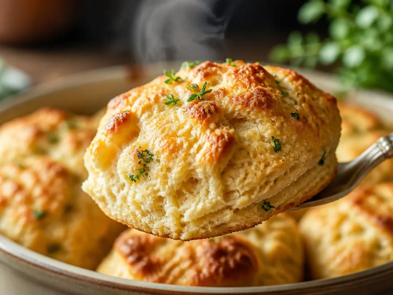 Savoury cheddar and chive sourdough scones with a golden cheese crust, split beside a bowl of soup