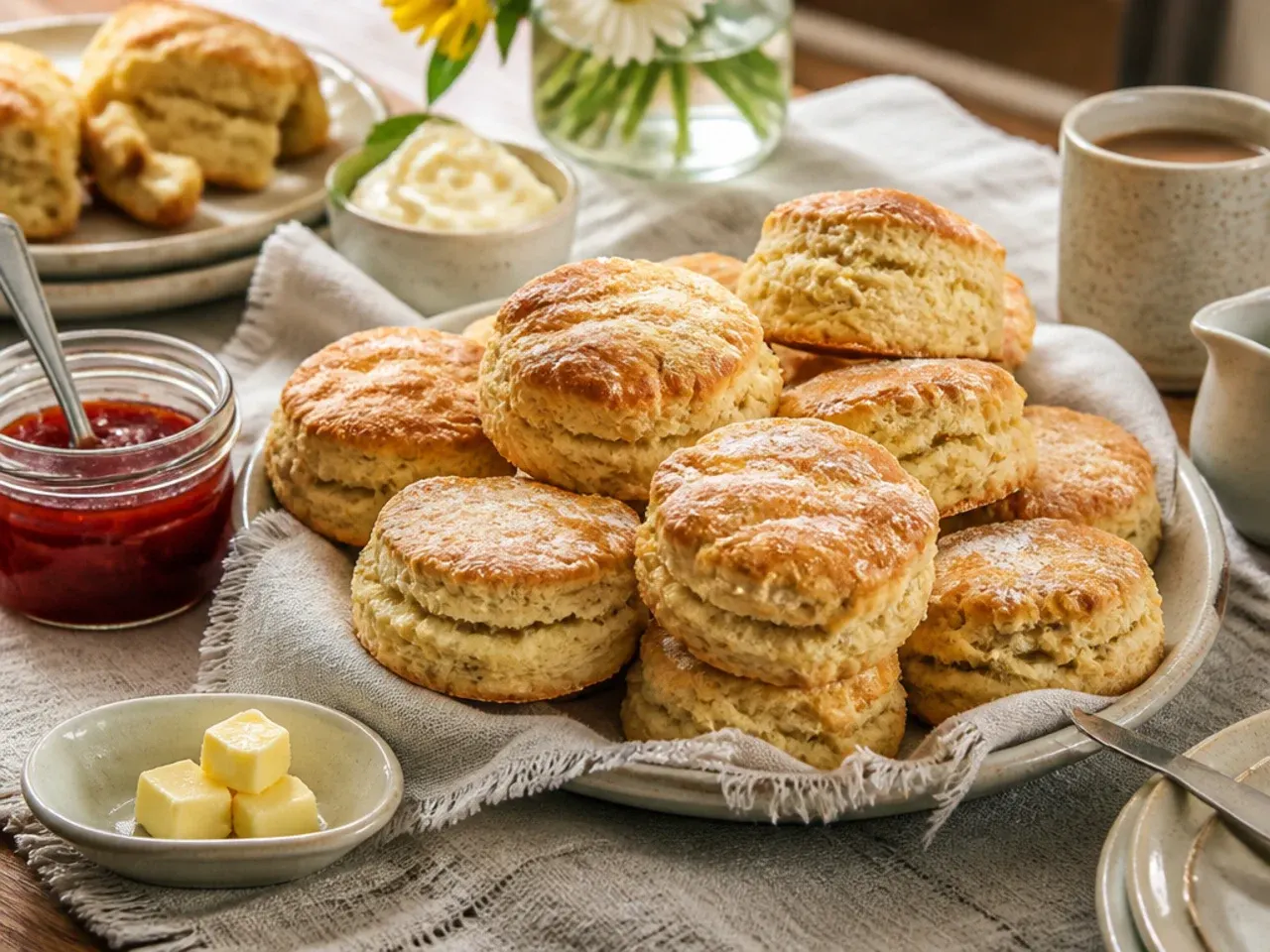 A brunch table spread with several sourdough scone variations, jam, clotted cream and a teapot