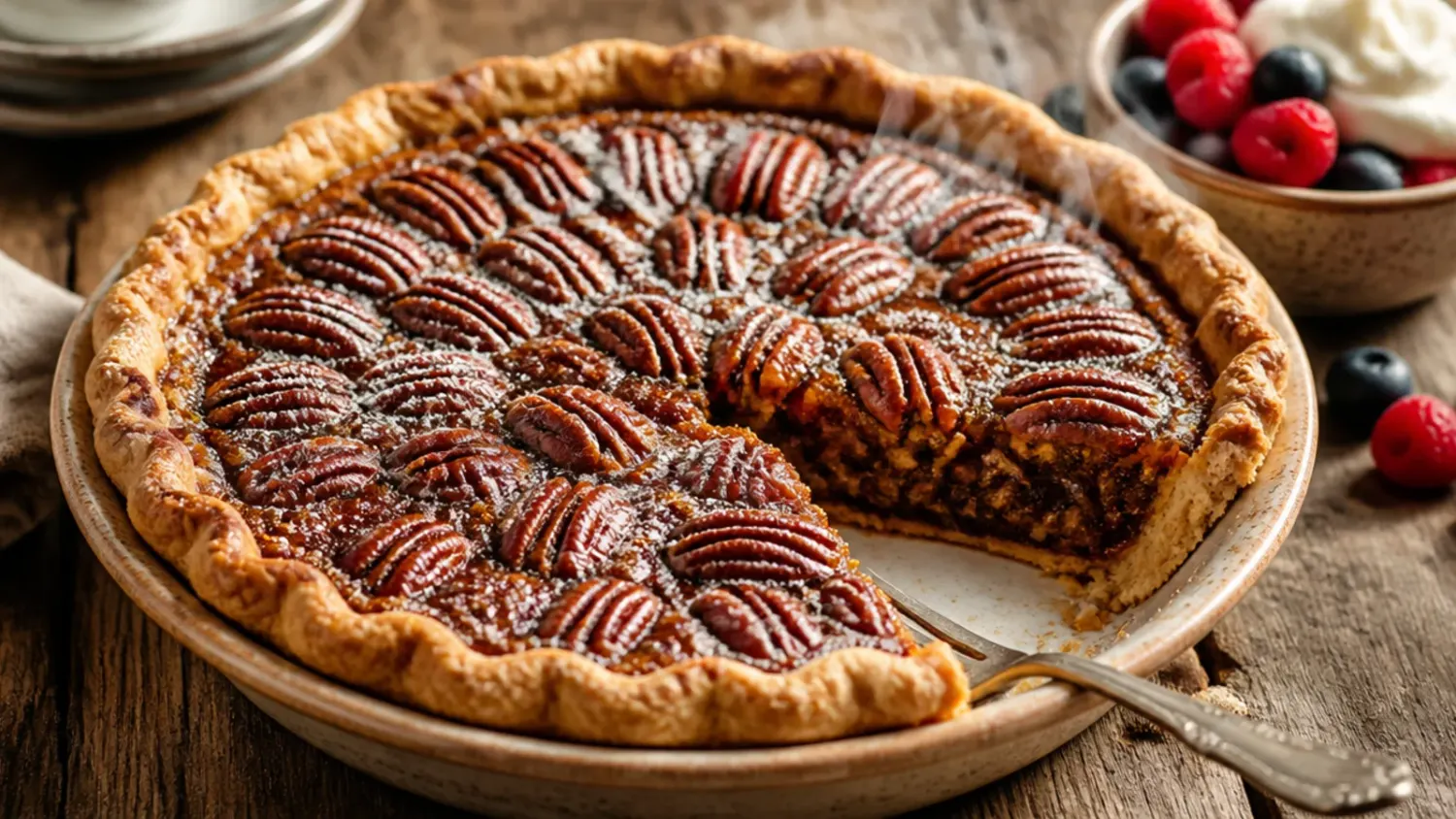 Whole southern pecan pie with a glossy, caramelised pecan topping, sliced to show the gooey filling underneath
