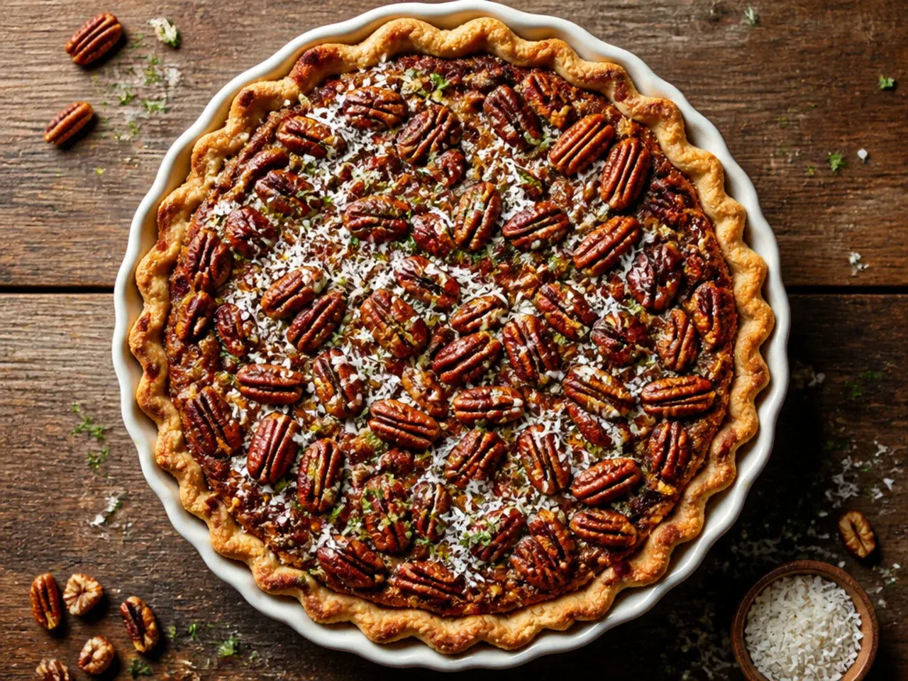 Classic southern pecan pie with a golden, crimped crust and glossy pecan halves on top