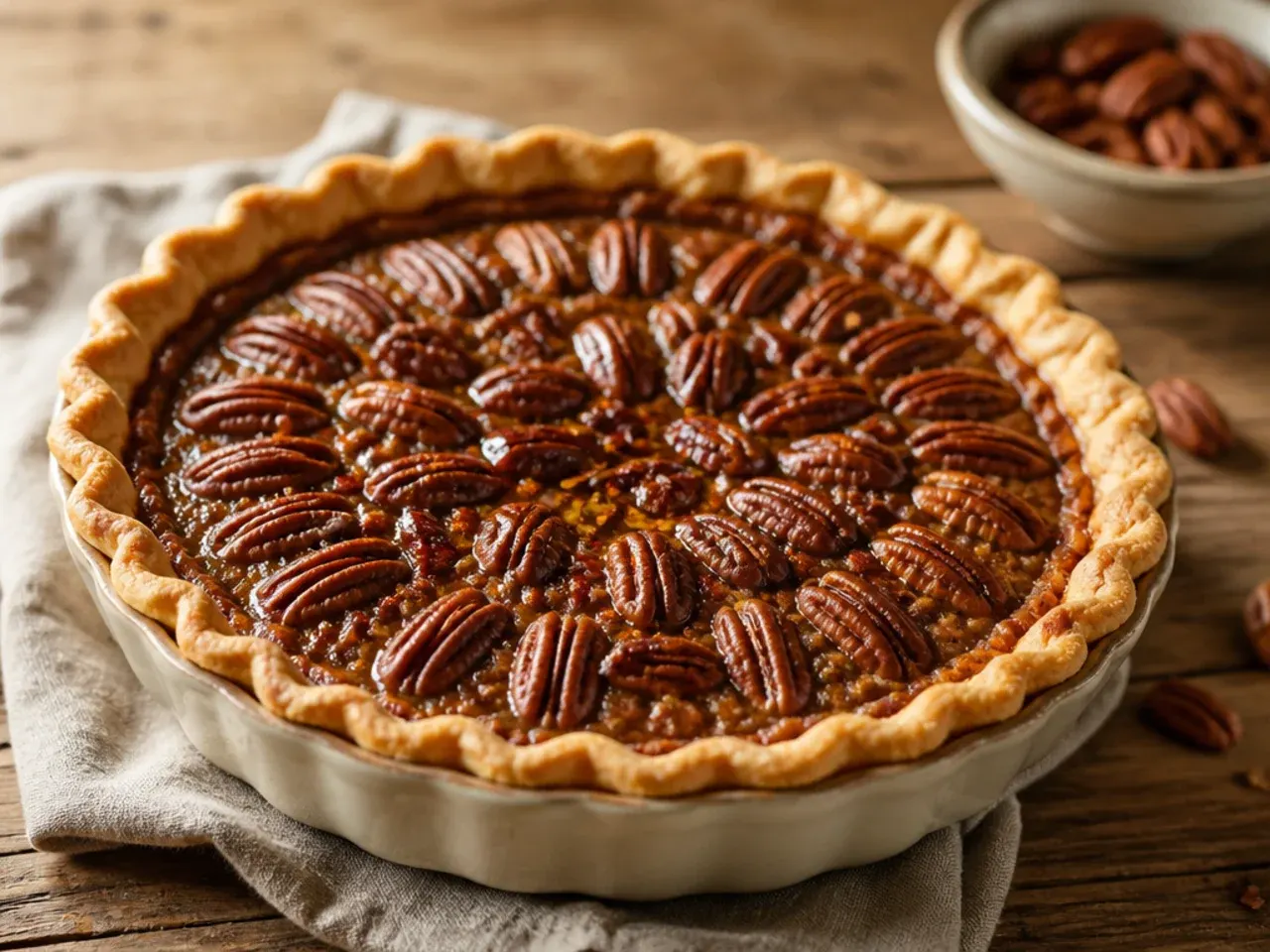 Easy pecan pie made with a shop-bought pastry case, cooling on a wire rack