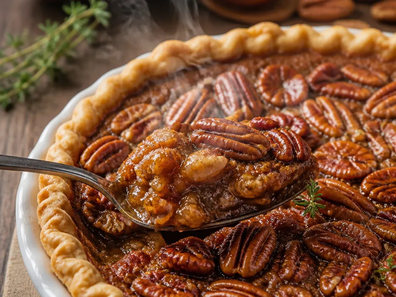 Freshly toasted pecan halves on a baking tray next to a finished pecan pie