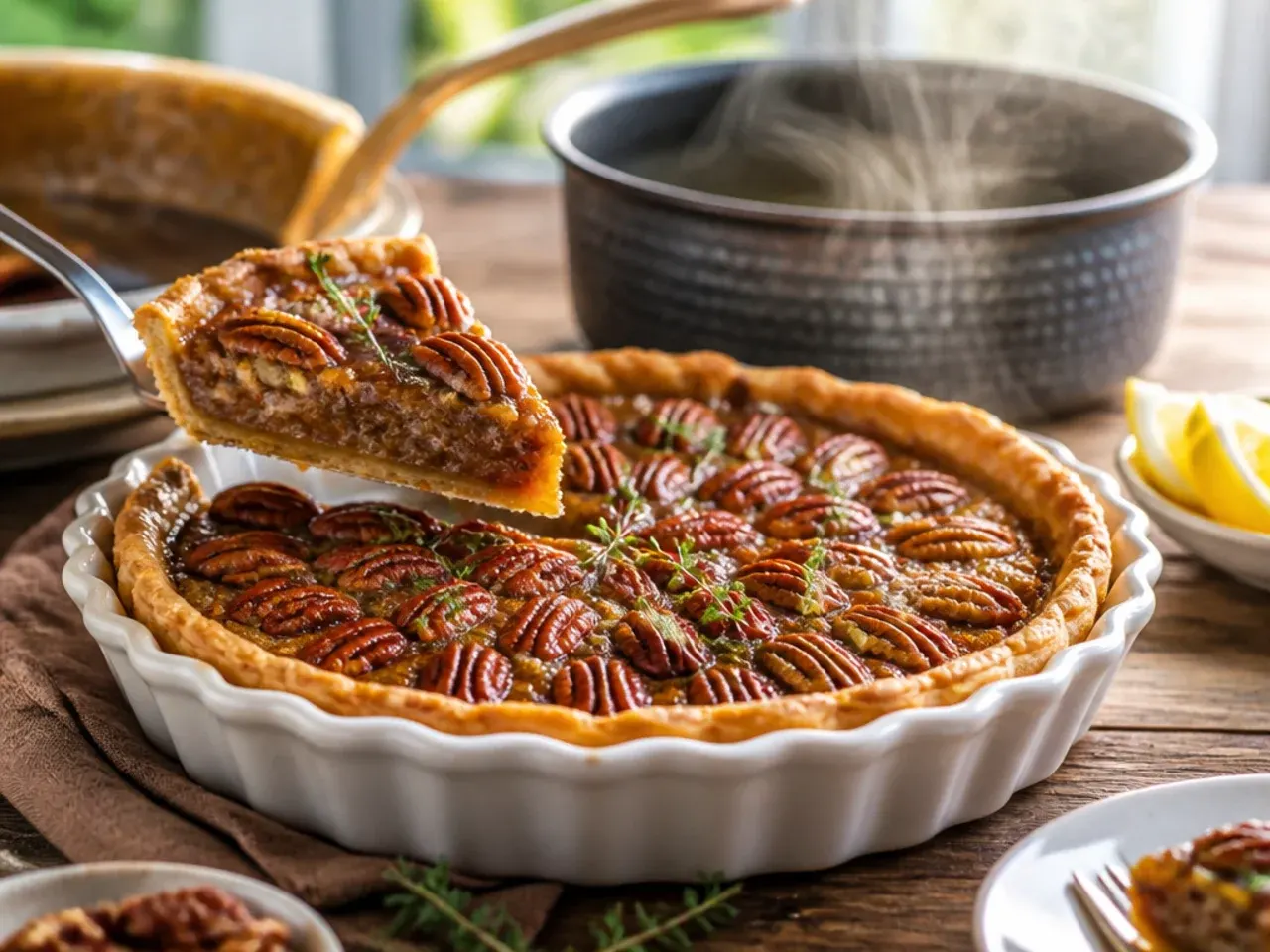 Cozy bourbon pecan pie with a deep amber, glossy filling and a slice cut out
