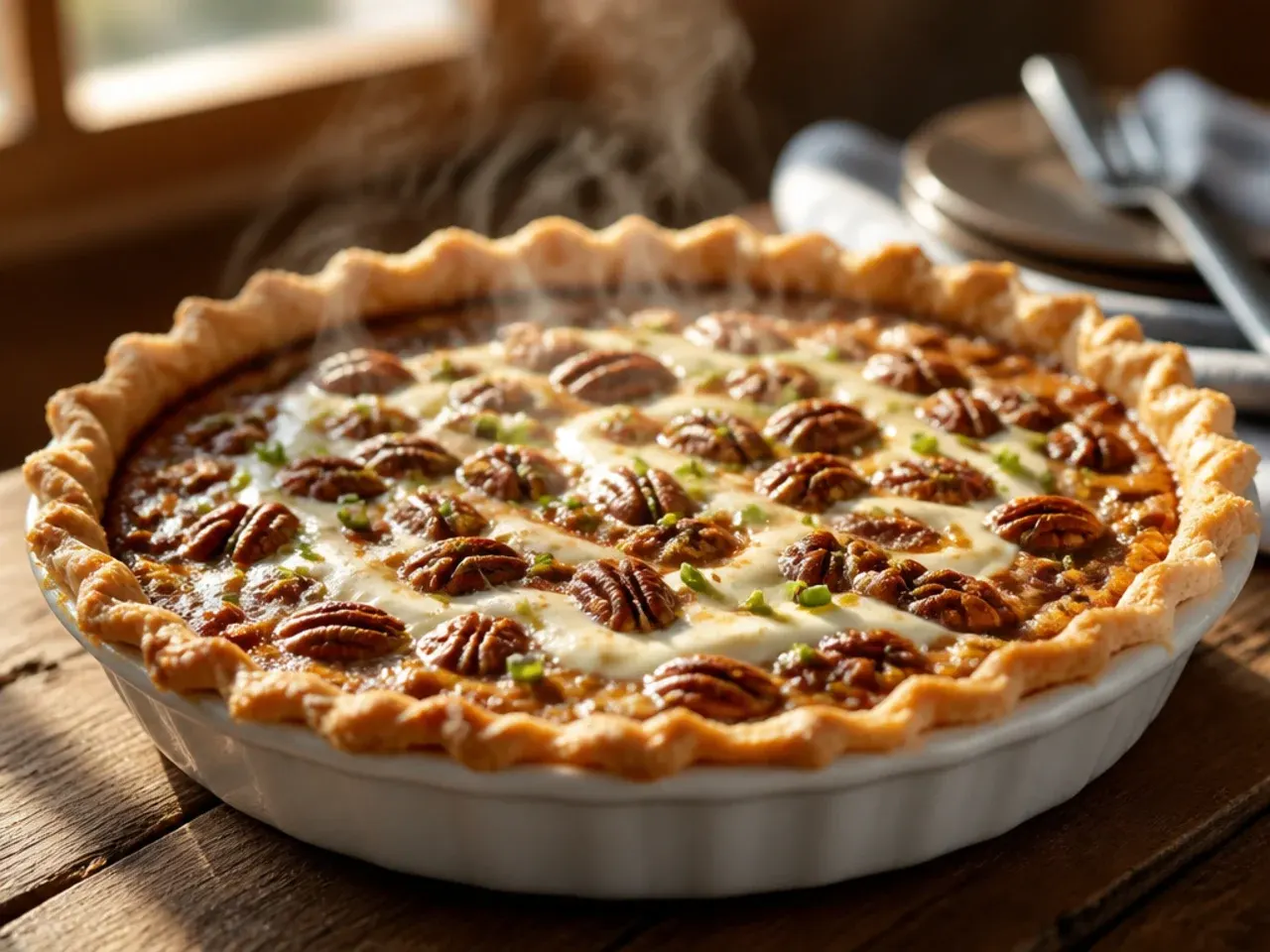Creamy pecan pie with visible cream cheese swirls through the filling