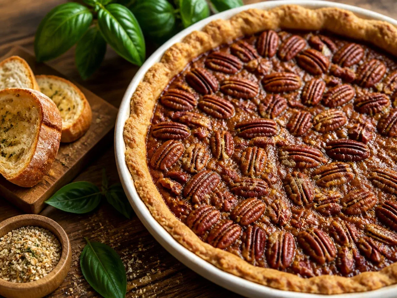 Simple five-ingredient pecan pie filling being whisked together in a glass bowl