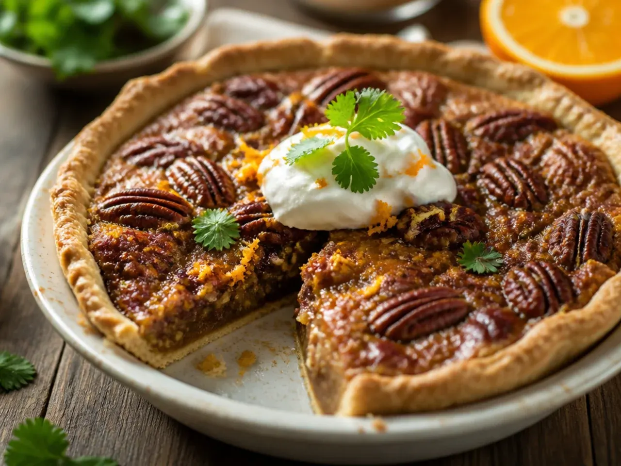 Zesty orange pecan pie garnished with candied orange peel and pecan halves