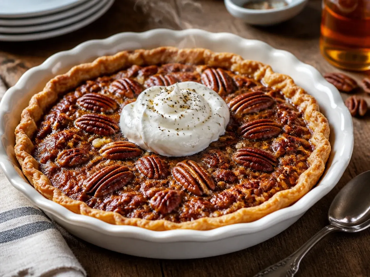 Wholesome maple pecan pie with a rich amber filling and pecan halves on top
