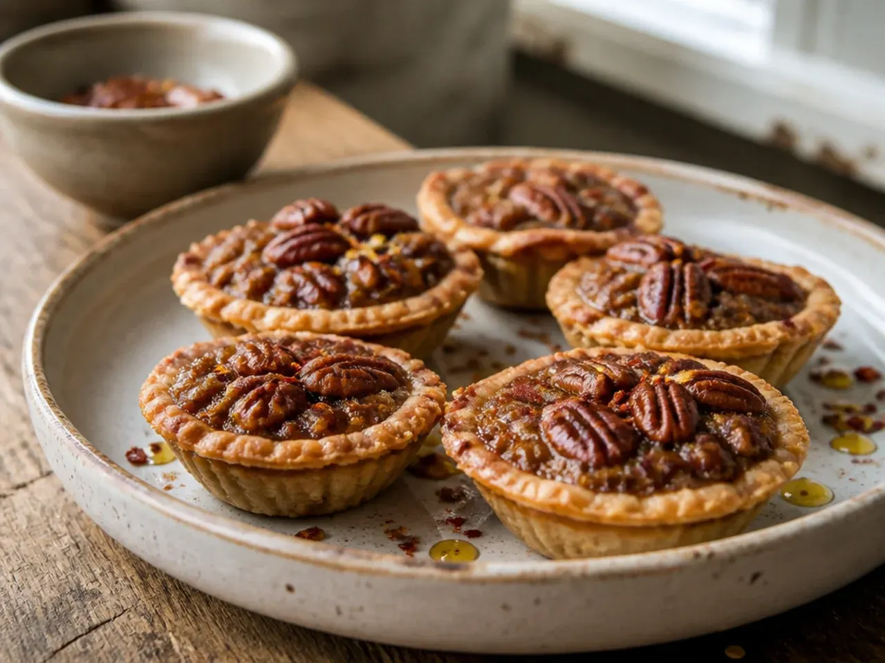 Mini pecan pies cooling in a muffin tin, each topped with pecan halves