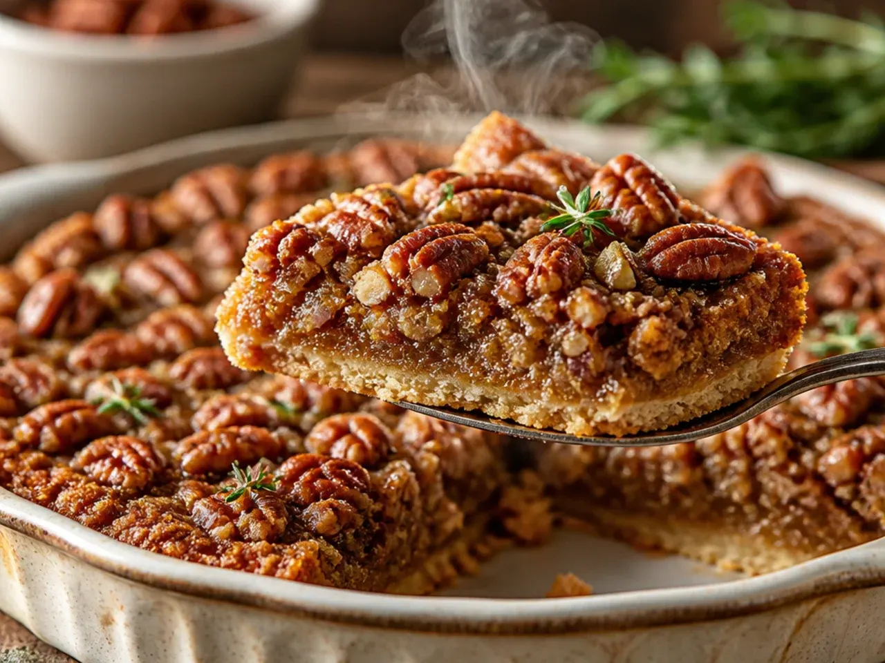 Rustic pecan pie bars cut into neat squares on a wooden board