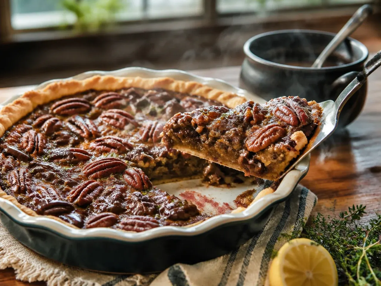 Loaded chocolate chunk pecan pie sliced to show melted chocolate pockets