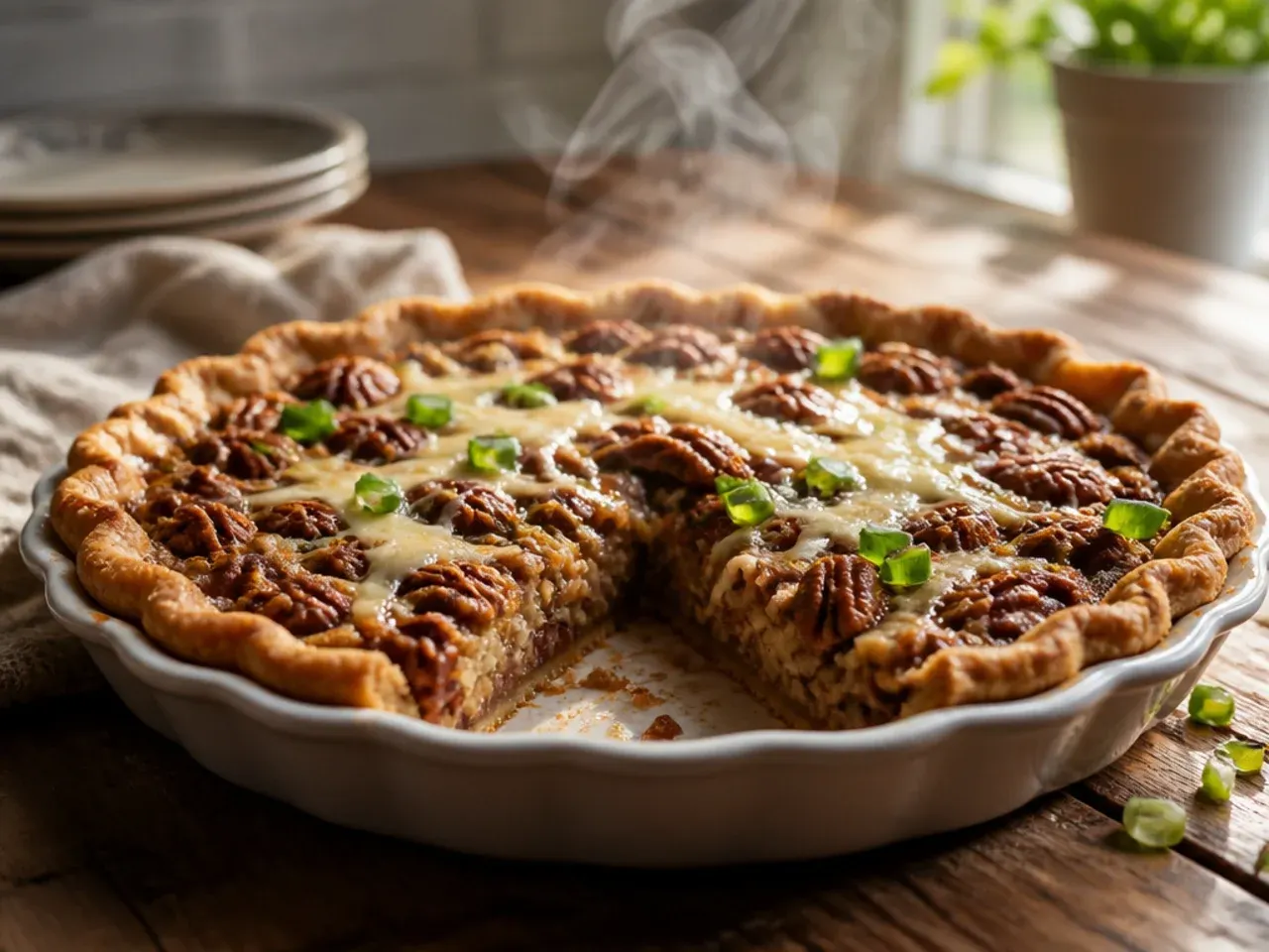 Family-size deep dish pecan pie sliced into generous wedges for a gathering