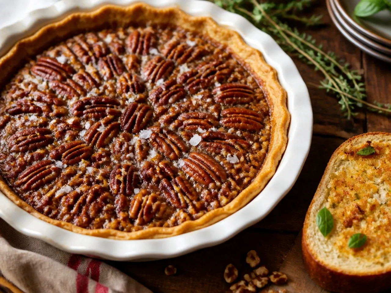Best-ever salted caramel pecan pie with flaky sea salt scattered over the top