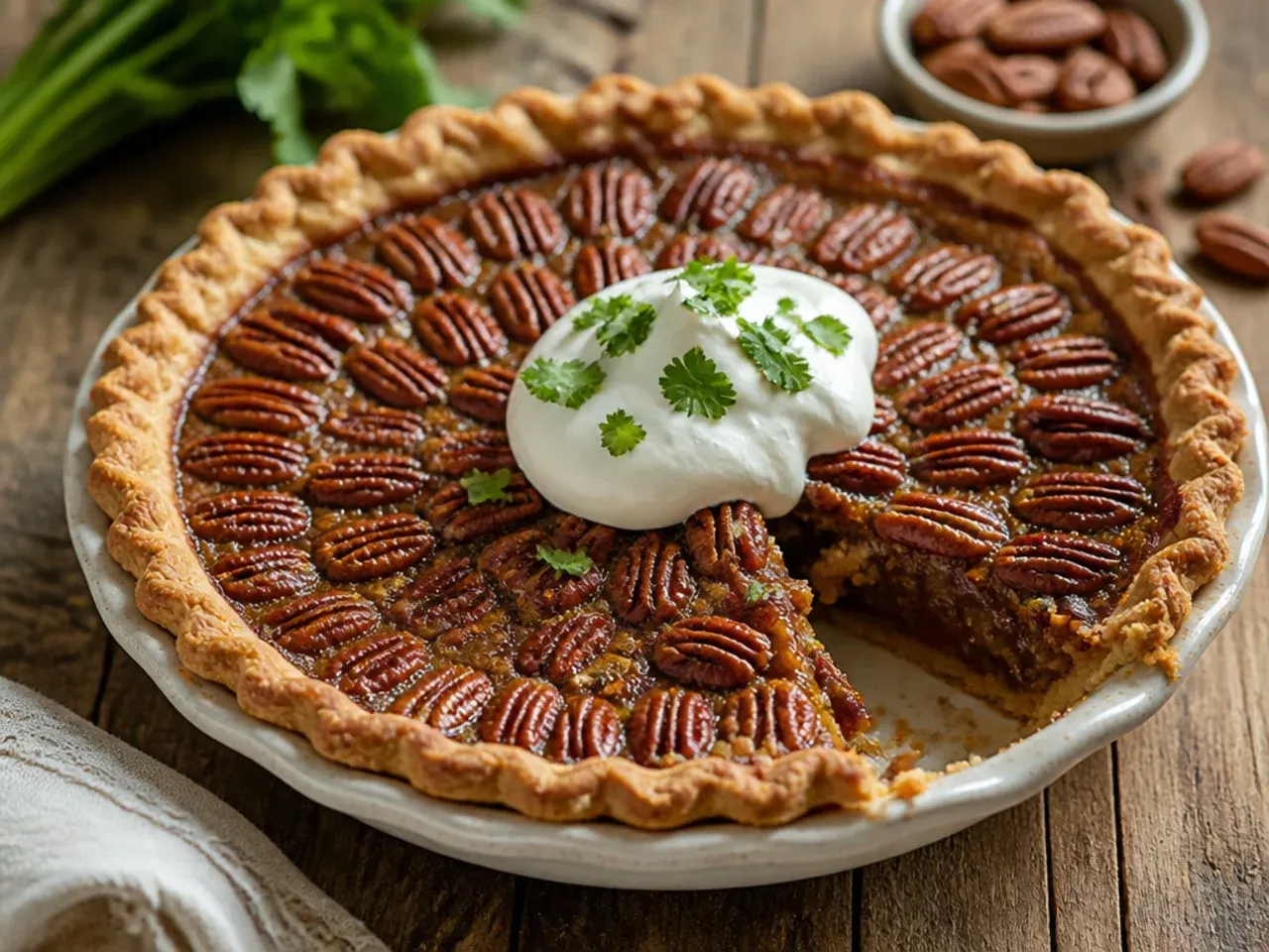 Quick pecan pie filling being poured into a shop-bought crust