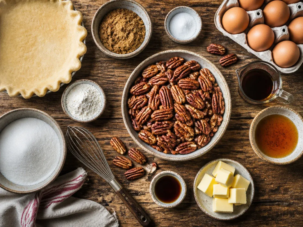 Close-up of pecan pie filling being whisked smooth in a mixing bowl