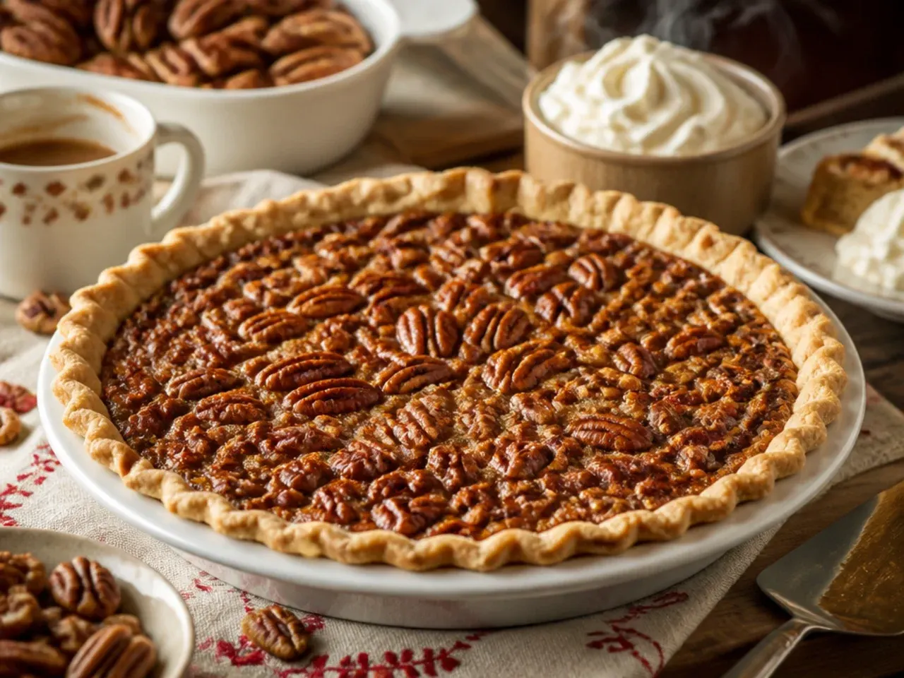 Slice of pecan pie served with a scoop of vanilla ice cream on the side
