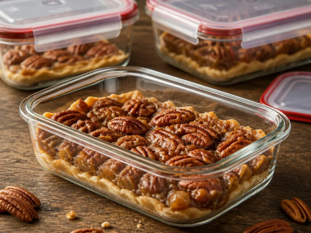 Pecan pie slices wrapped and stored in an airtight container
