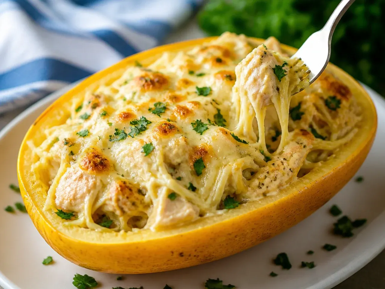 Overhead spread of assorted spaghetti squash chicken bakes and bowls on a wooden table