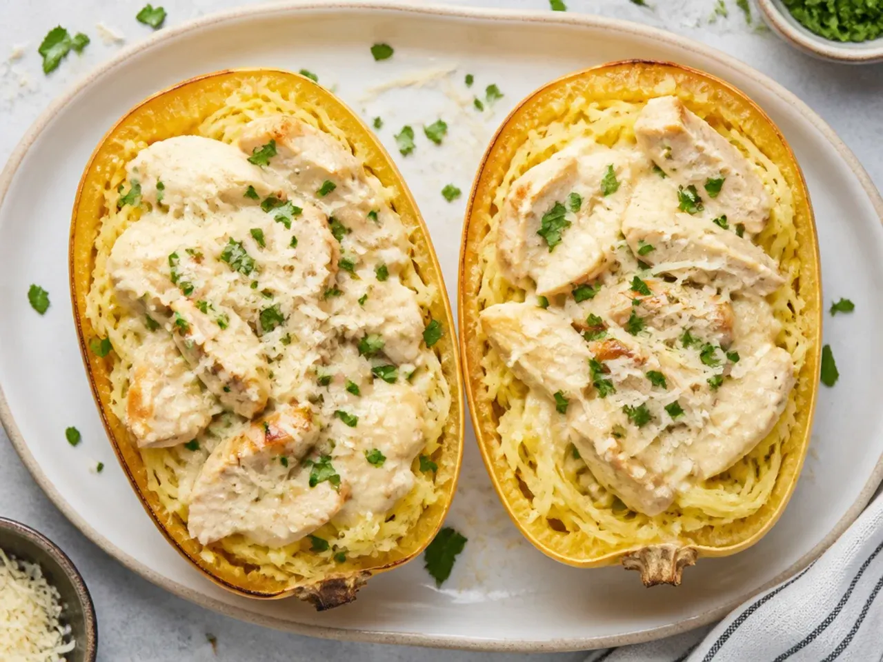 Classic chicken Alfredo spaghetti squash boat topped with melted parmesan