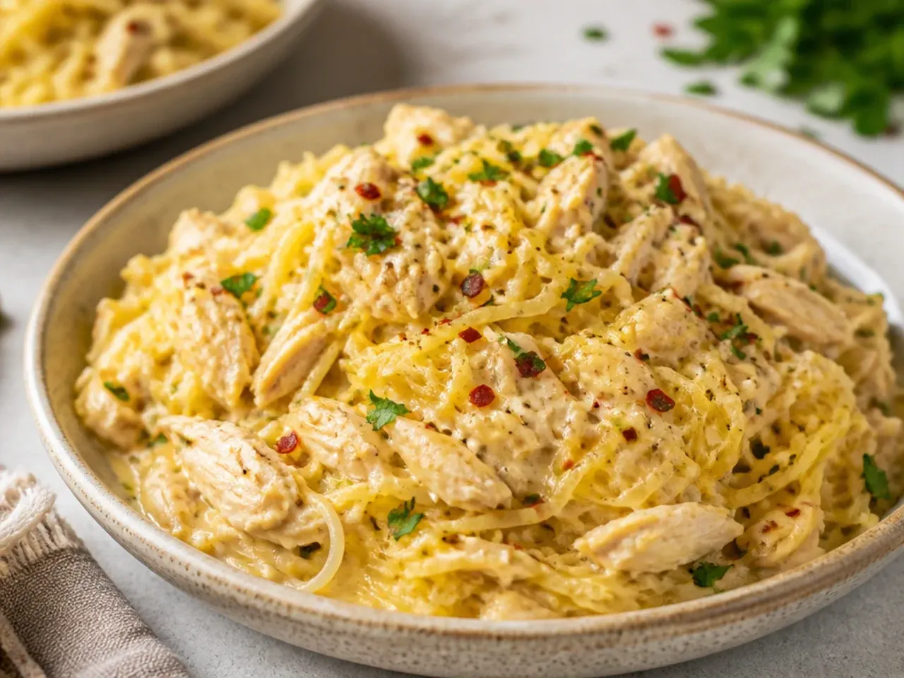 Simple five-ingredient spaghetti squash boat with rotisserie chicken and melted cheese