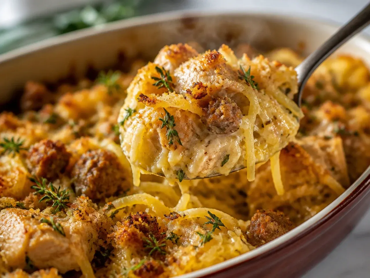Hearty spaghetti squash boat loaded with chicken, sausage, and bubbling cheese