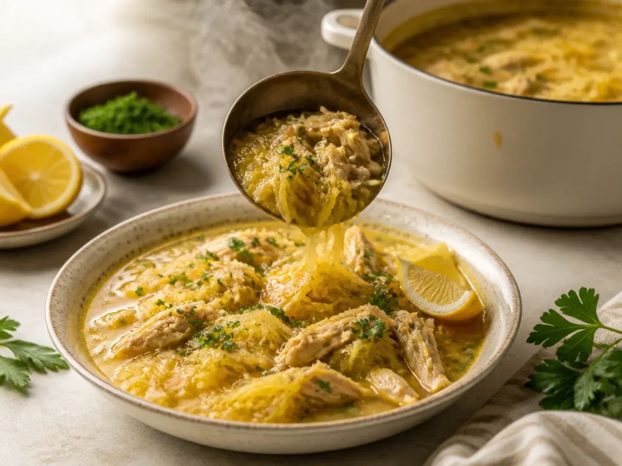 Bowl of cozy chicken noodle soup made with spaghetti squash strands instead of pasta