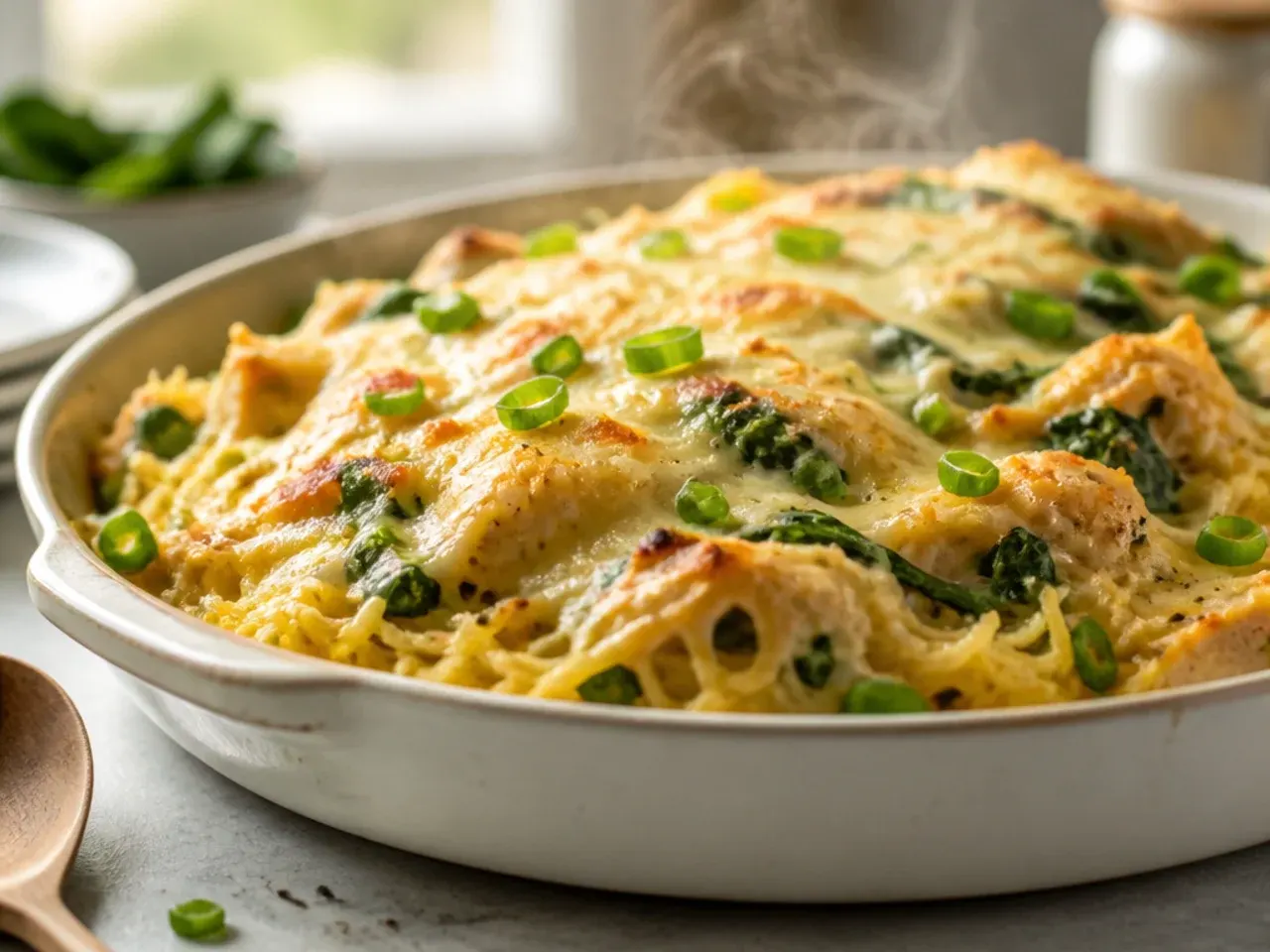 Creamy chicken and spinach spaghetti squash bake in a white dish