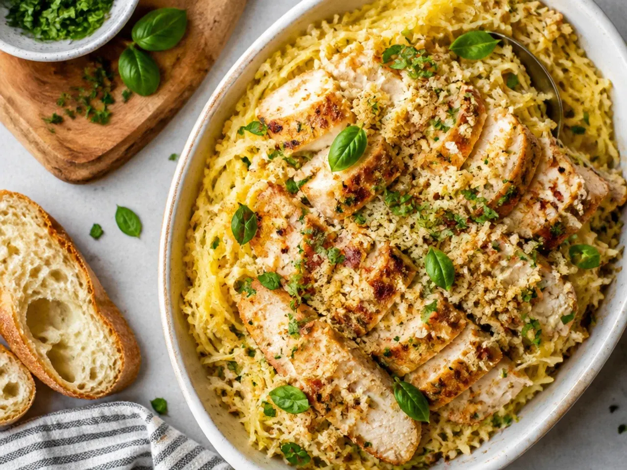 Simple garlic butter chicken spaghetti squash strands in a skillet