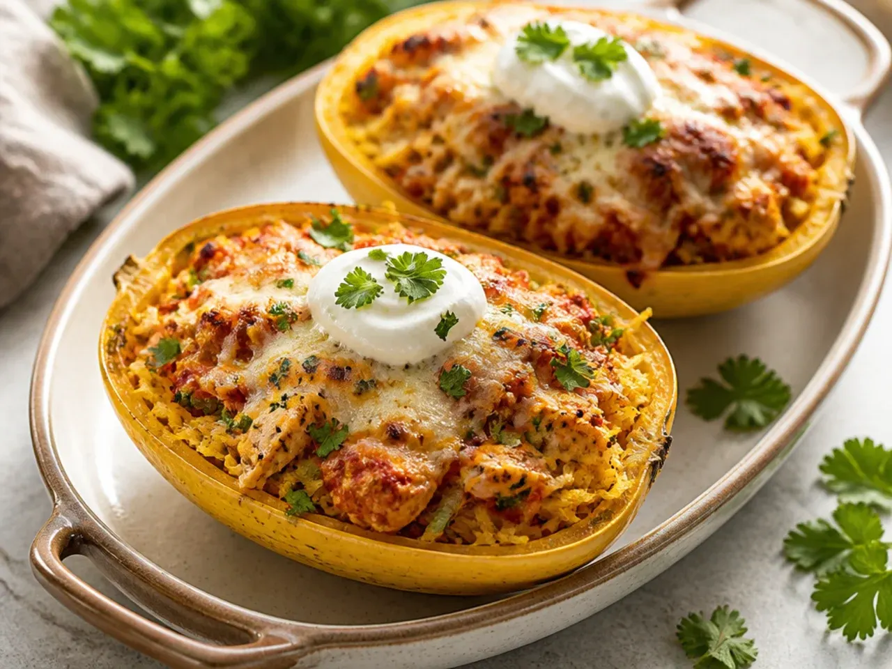 Cheesy chicken parmesan spaghetti squash boat with golden breadcrumb topping