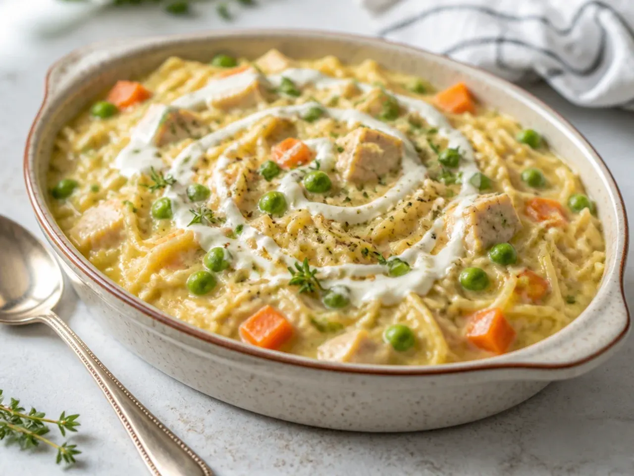 Comforting chicken pot pie style spaghetti squash boat with cracker topping