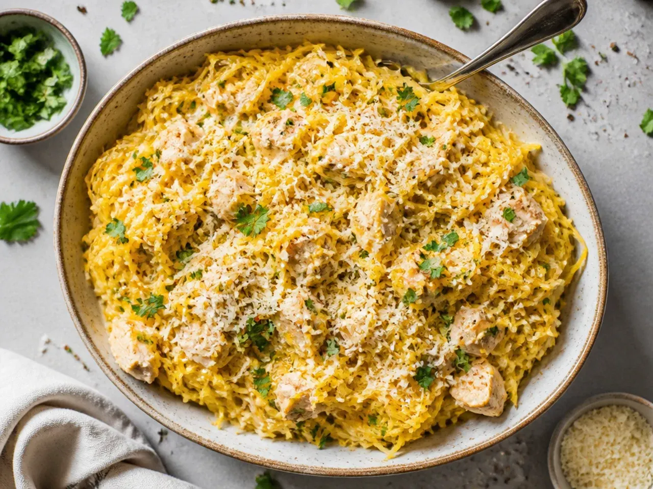 Budget-friendly chicken spaghetti squash bake made with pantry staples