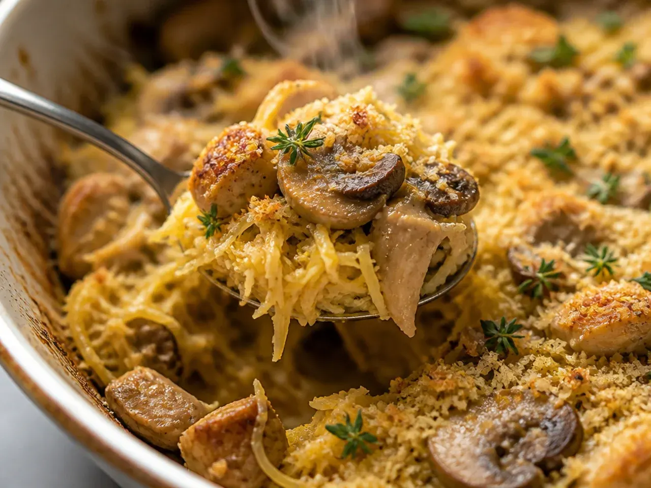 Rustic chicken and mushroom spaghetti squash in a cast iron skillet