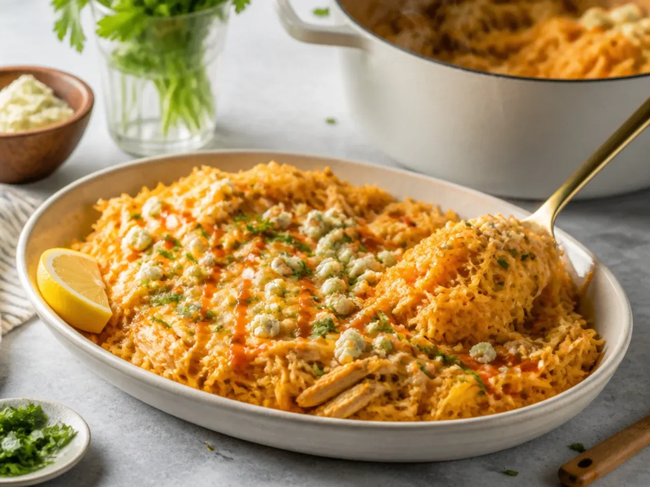 Loaded buffalo chicken spaghetti squash boat with blue cheese crumbles