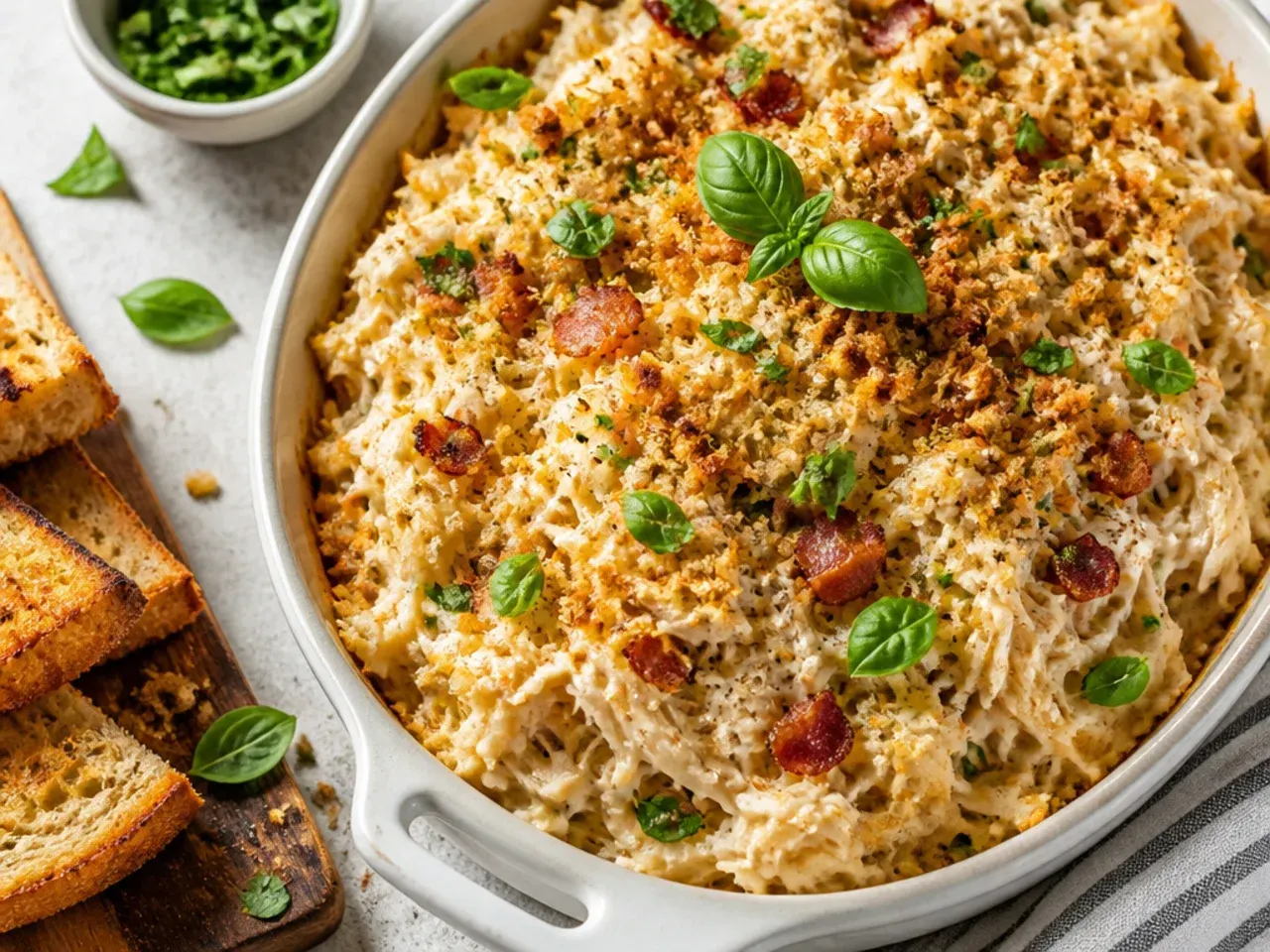 Best-ever chicken bacon ranch spaghetti squash boat topped with crispy bacon